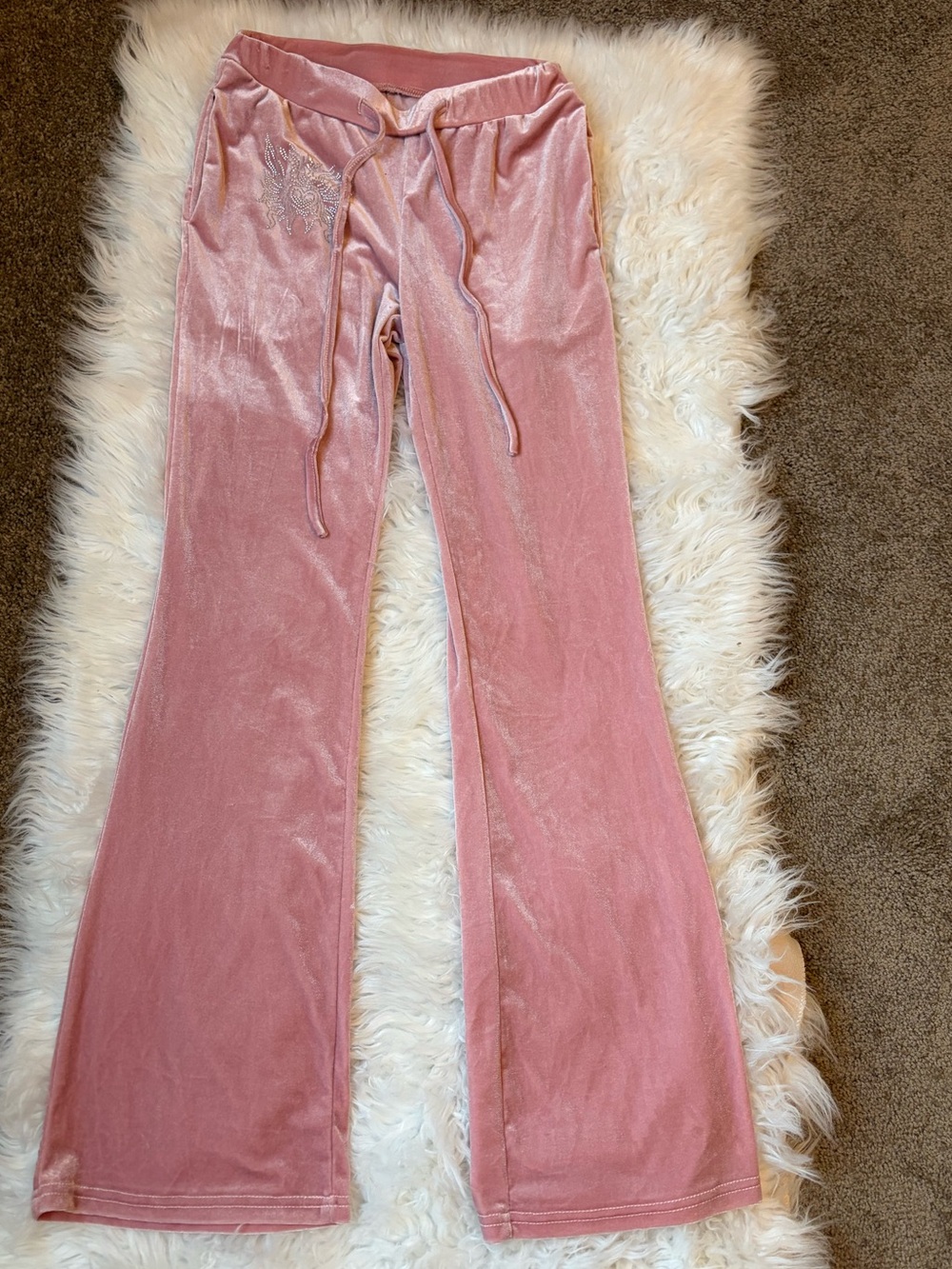 Pink Velour Flare Pants Rhinestone Embellished Drawstring Wide Leg